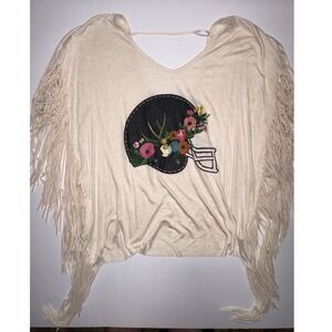Judith March Cream Fringe Football Helmet Floral Graphic Top Boho Size L